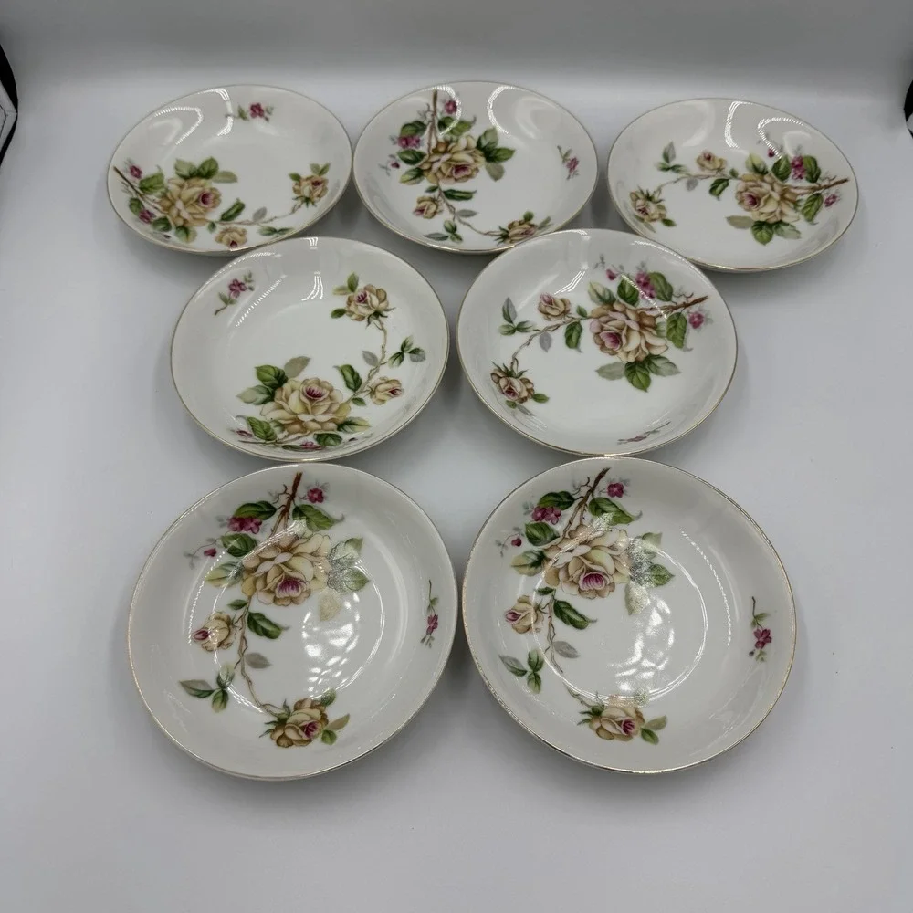 Lynmore Fine China Golden Rose Vintage Dessert Fruit Bowls Set Of 7